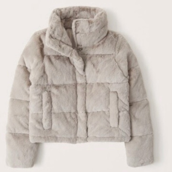 Abercrombie Faux Fur Mini Puffer Size Extra Small Light Grey - Picture 5 of 11